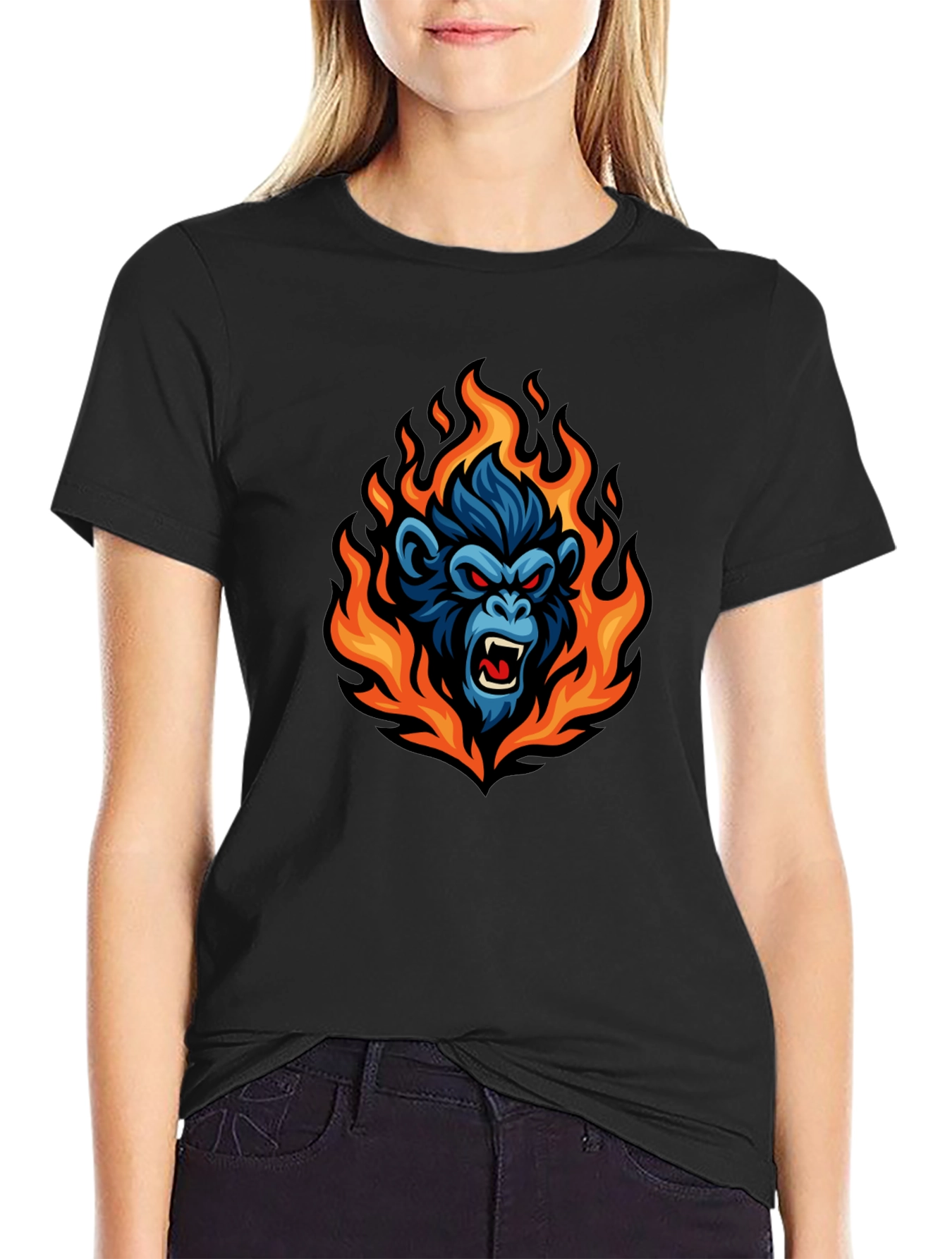 Black Fiery Gorilla Graphic Tee - Black Cotton T-Shirt view 2