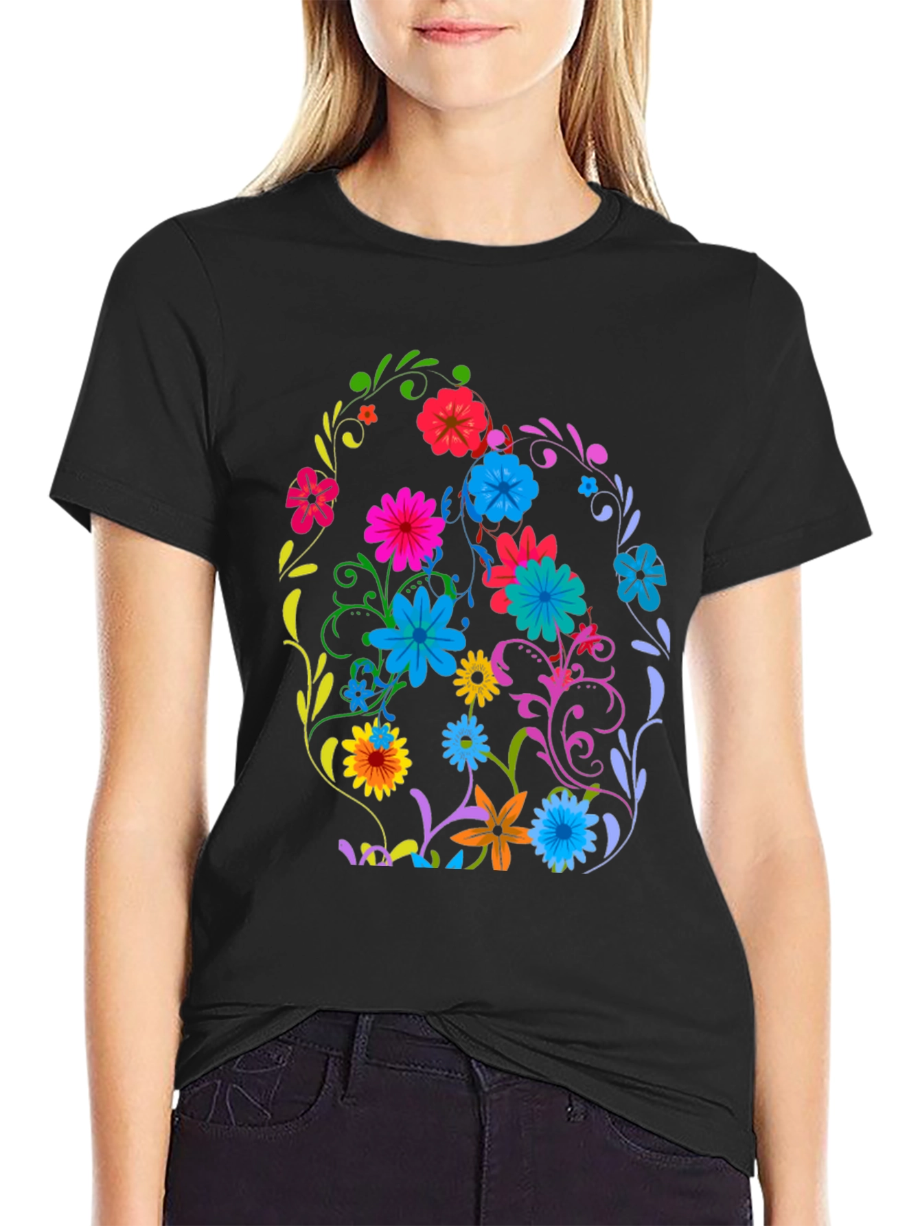 Black Floral Easter Egg Graphic Tee - Black Cotton T-Shirt view 2