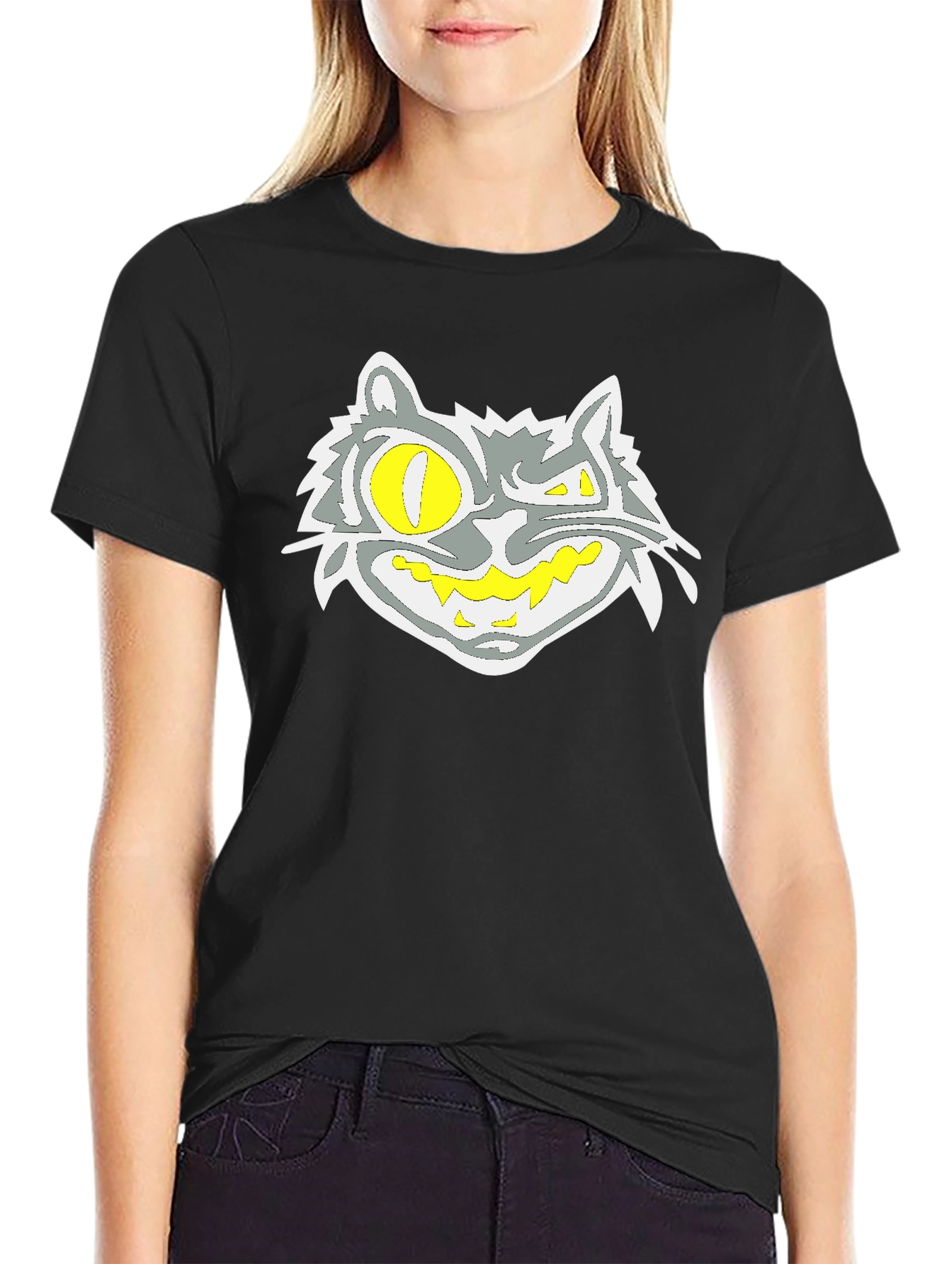 Black Grinning Cat Graphic Black Tee view 2