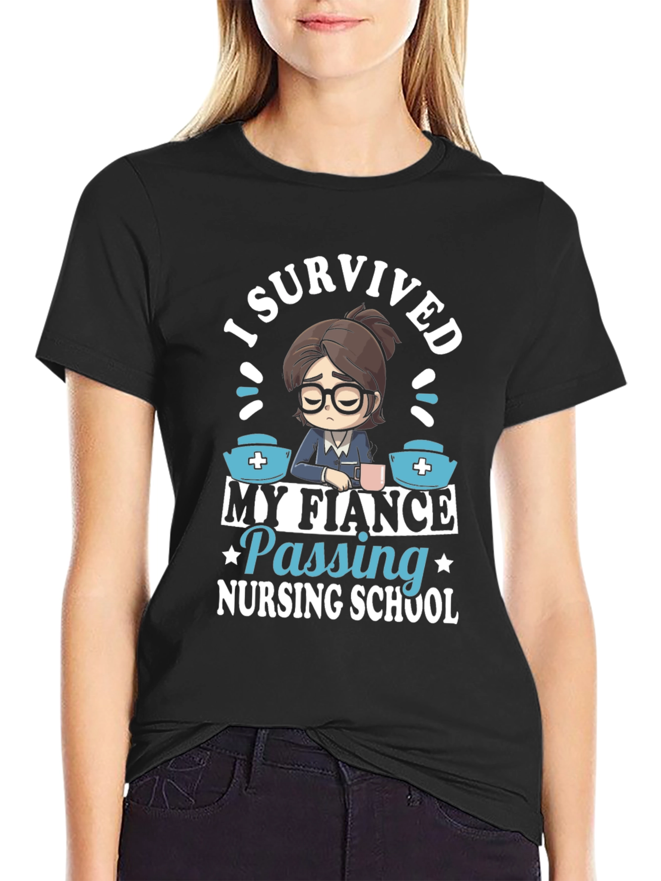 Black I Survived My Fiance Nursing School T-Shirt view 2