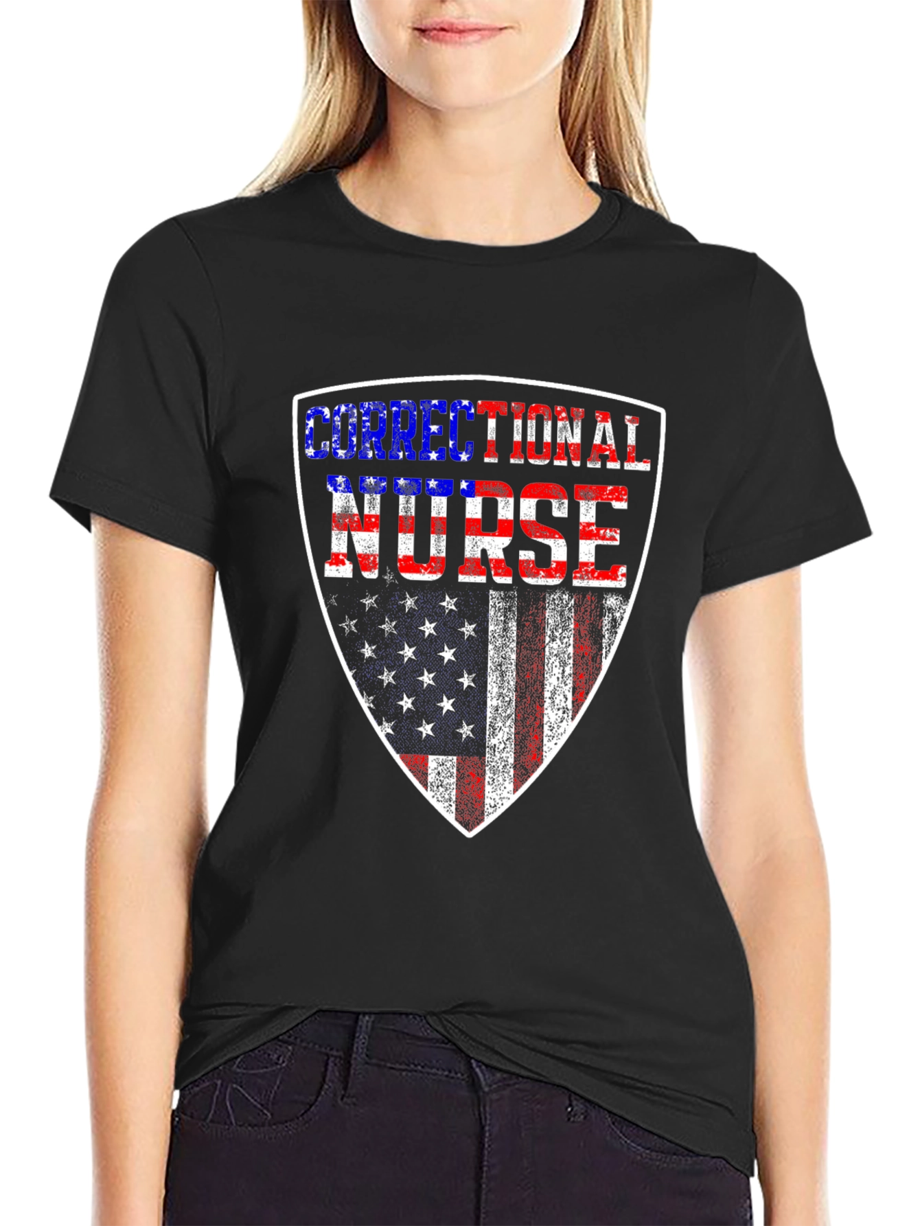 Black Correctional Nurse American Flag Shield T-Shirt view 2