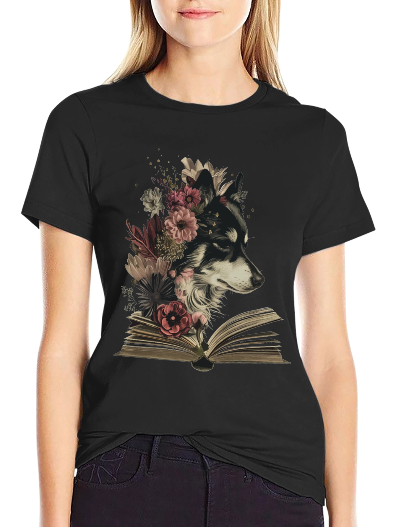 Black Floral Dog Book T-Shirt - Black view 2