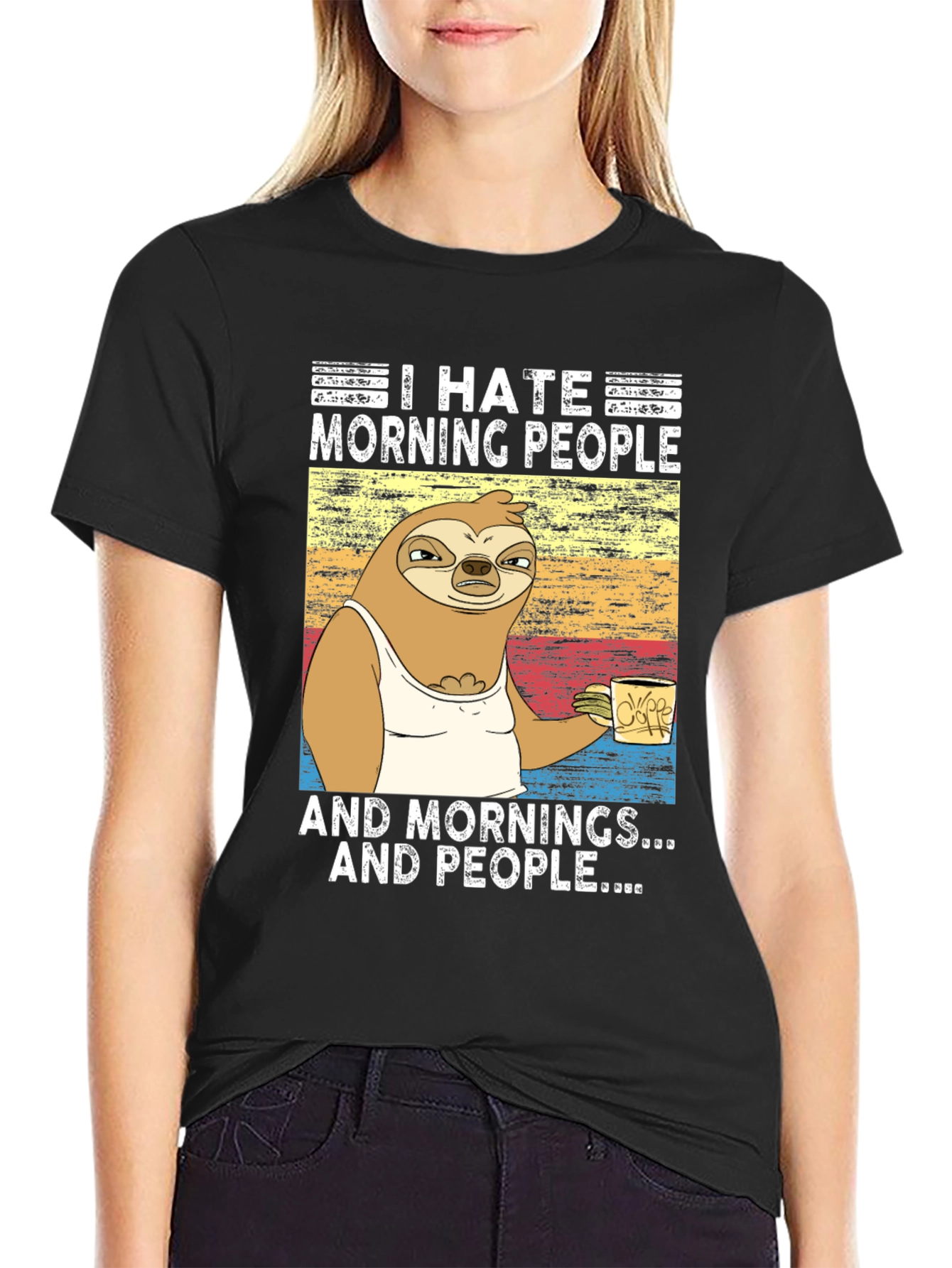 Black I Hate Morning People Sloth Graphic Tee view 2
