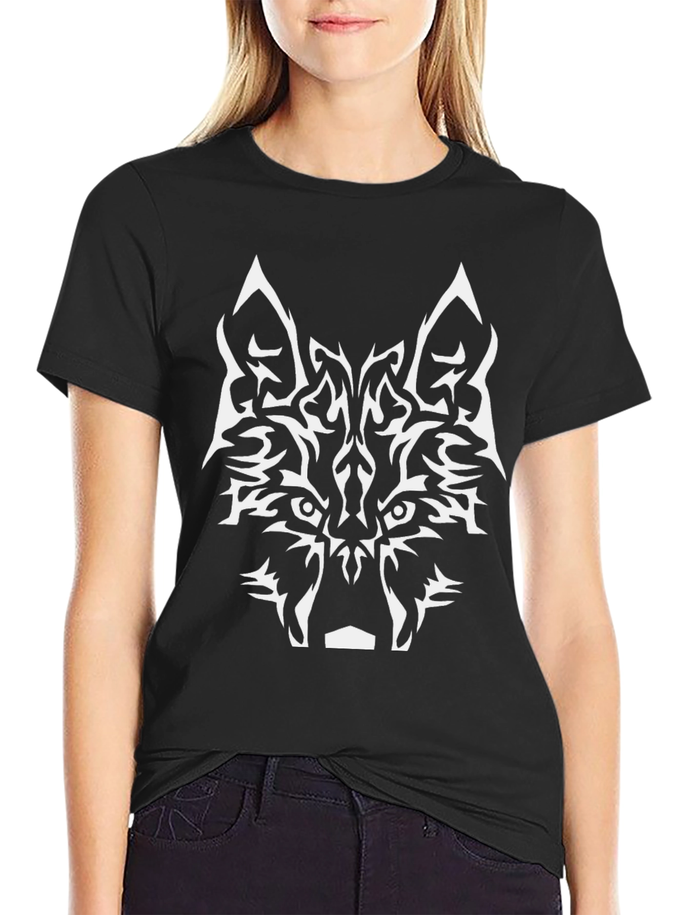 Black Tribal Wolf Graphic Tee - Black Cotton view 2