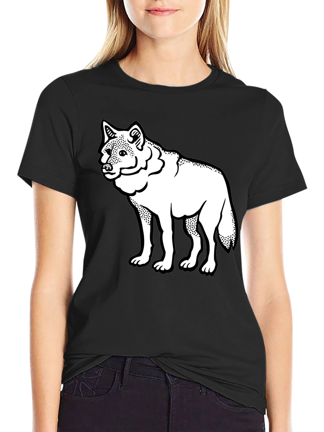 Black Black T-Shirt with White Wolf Graphic Print view 2