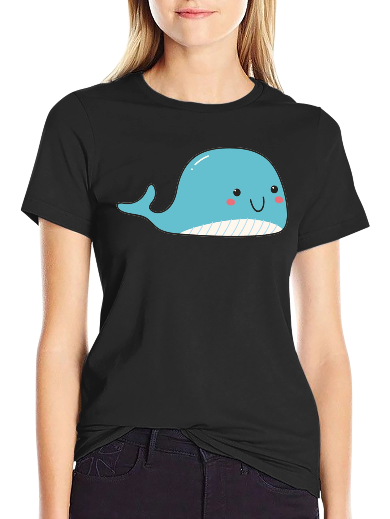 Black Cute Whale Graphic Black T-Shirt view 2