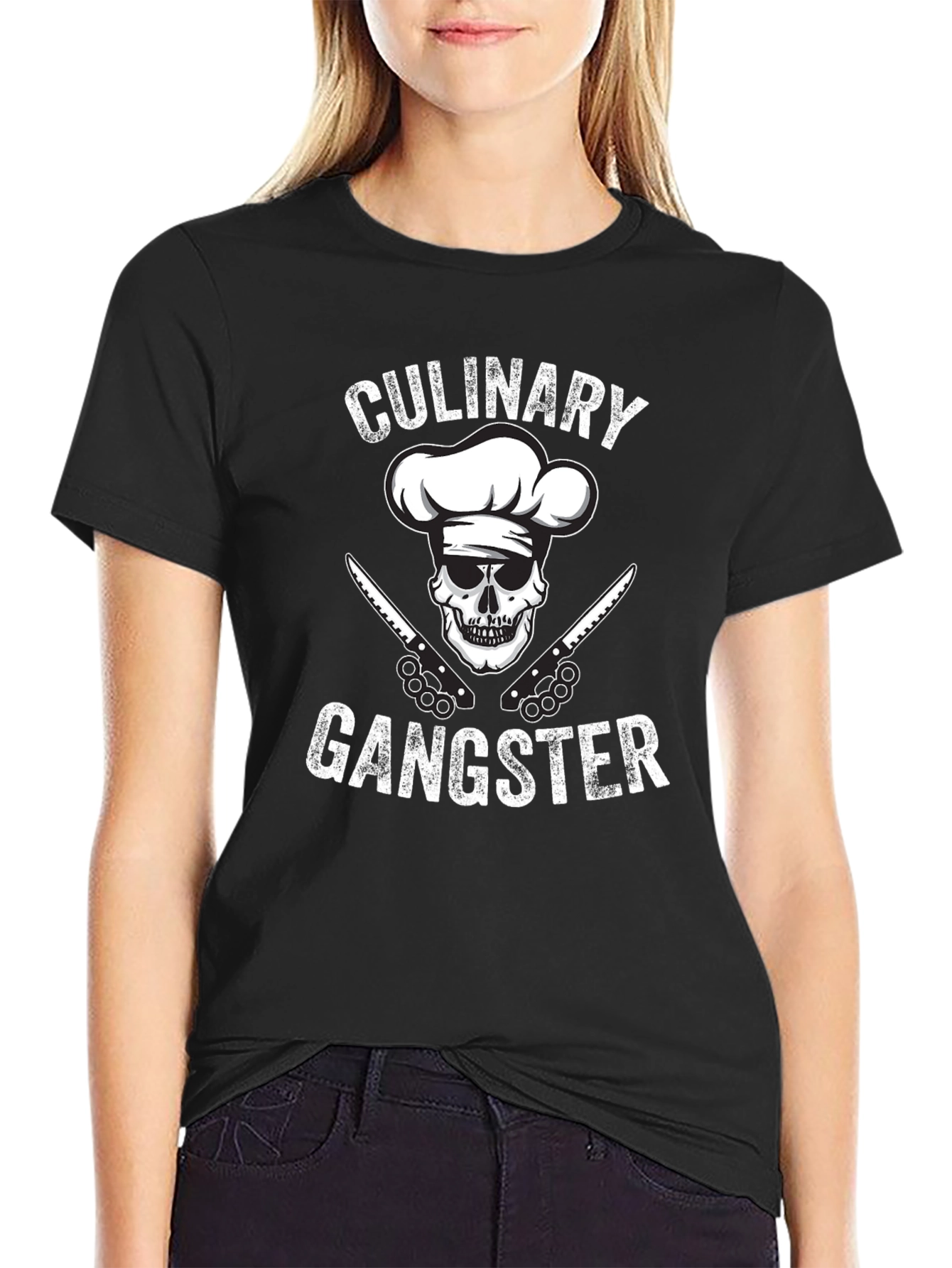 Black Culinary Gangster Black T-Shirt: Skull Chef Design view 2