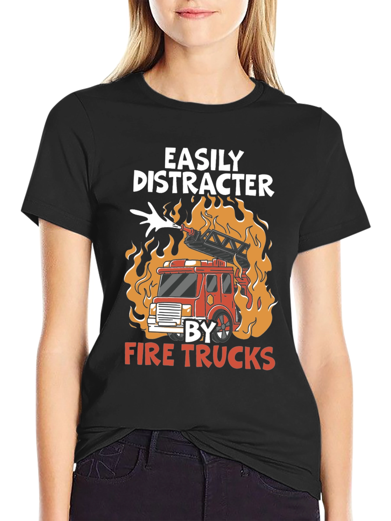 Black Easily Distracted By Fire Trucks T-Shirt view 2