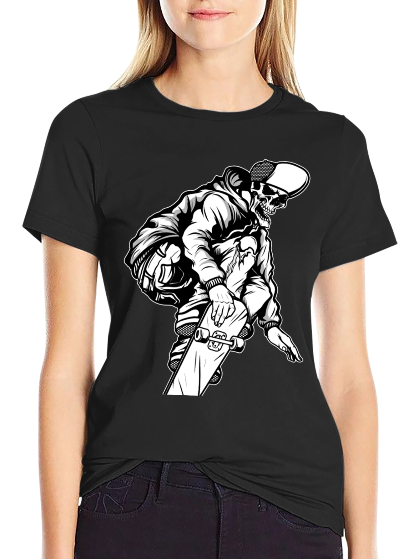 Black Skateboard Skeleton Graphic T-Shirt view 2