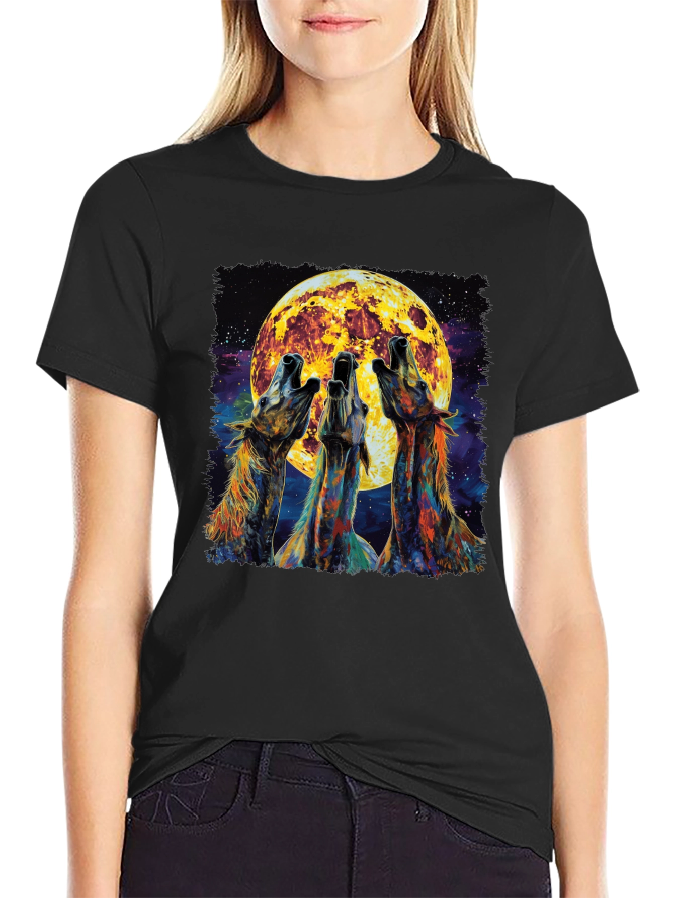 Black Howling Wolves Moon Graphic Tee - Black view 2