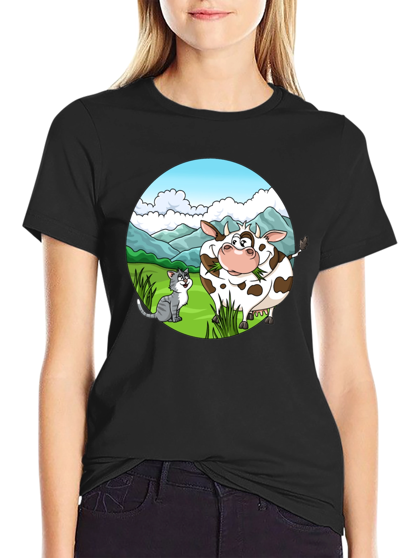 Black Cartoon Cow and Cat Graphic Black T-Shirt view 2