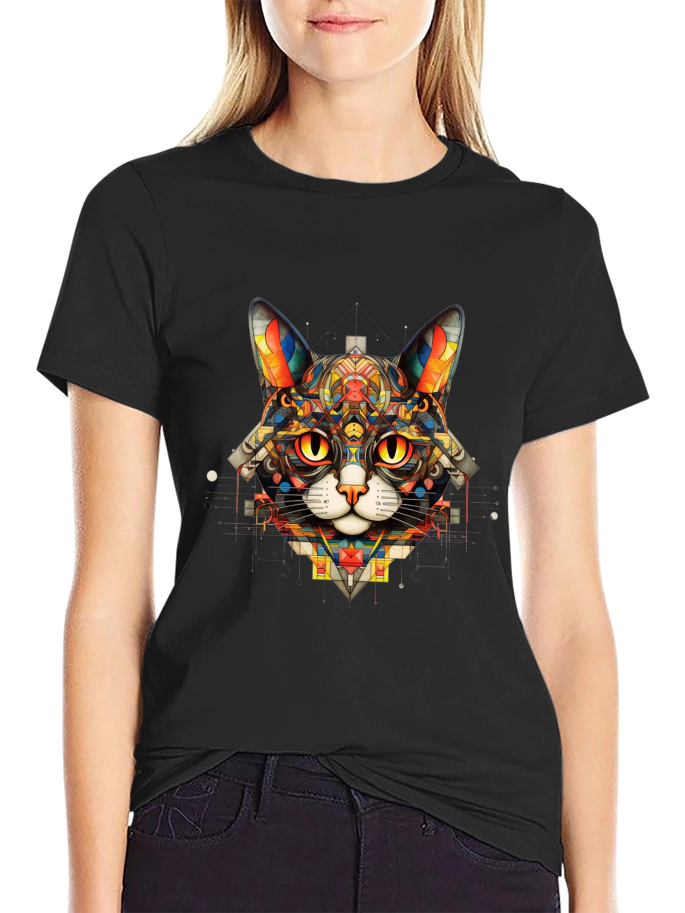 Black Geometric Cat T-Shirt - Unique Art Design view 2
