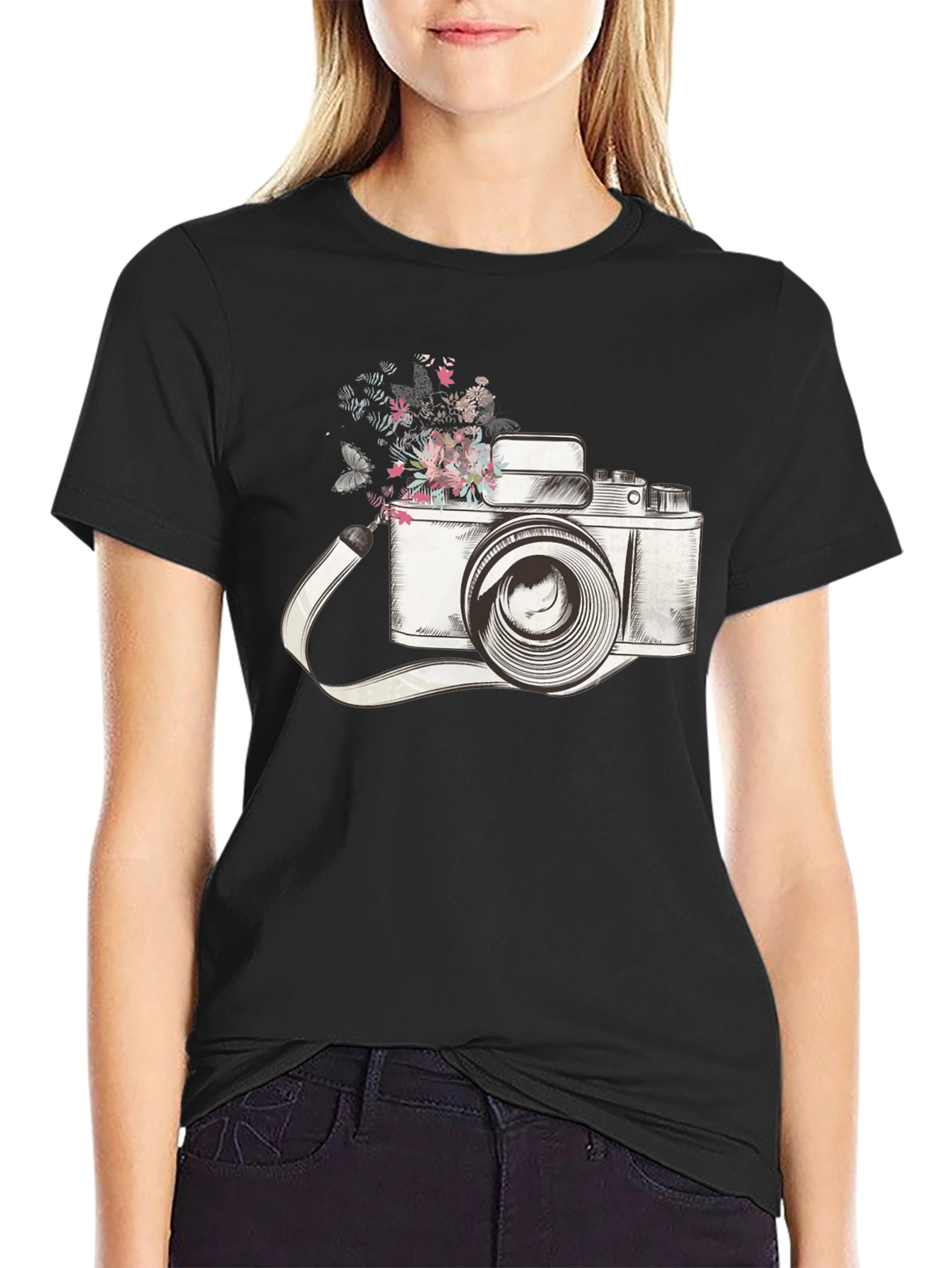 Black Floral Camera Graphic Tee - Trendy Unisex T-Shirt view 2