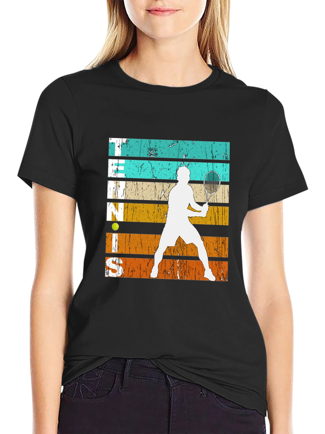 Black Vintage Tennis Player Graphic T-Shirt view 2