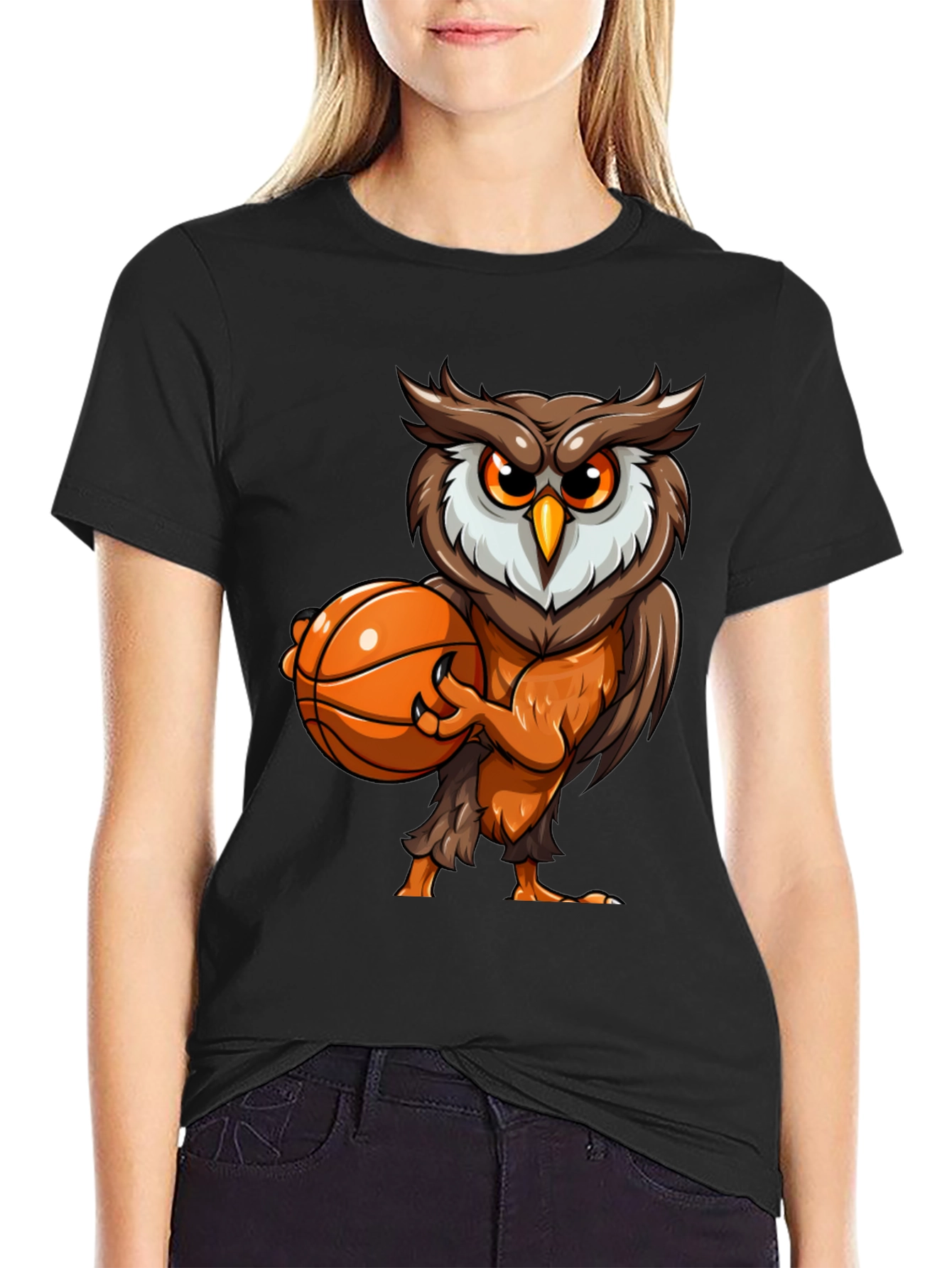 Black Owl Basketball Graphic Tee - Black Cotton T-Shirt view 2