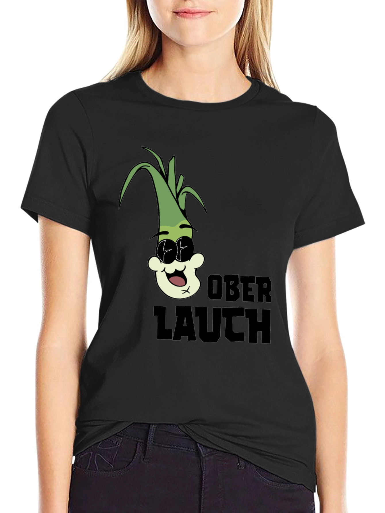 Black Oberlauch Funny Cartoon Leek Graphic T-Shirt view 2