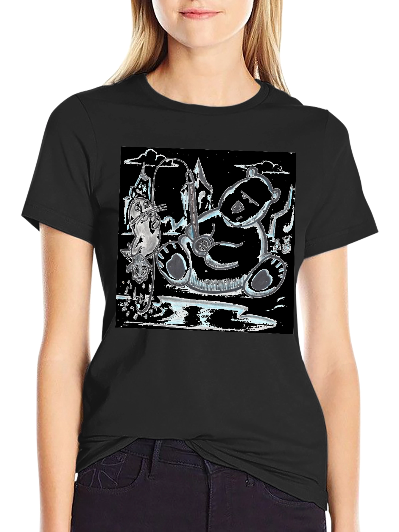 Black Unique Graphic Tee: Bear, Seal, and Musical Notes Art view 2