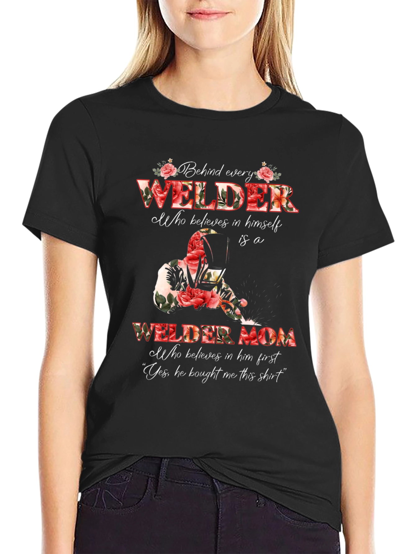 Black Welder Mom Graphic T-Shirt - Floral Design view 2