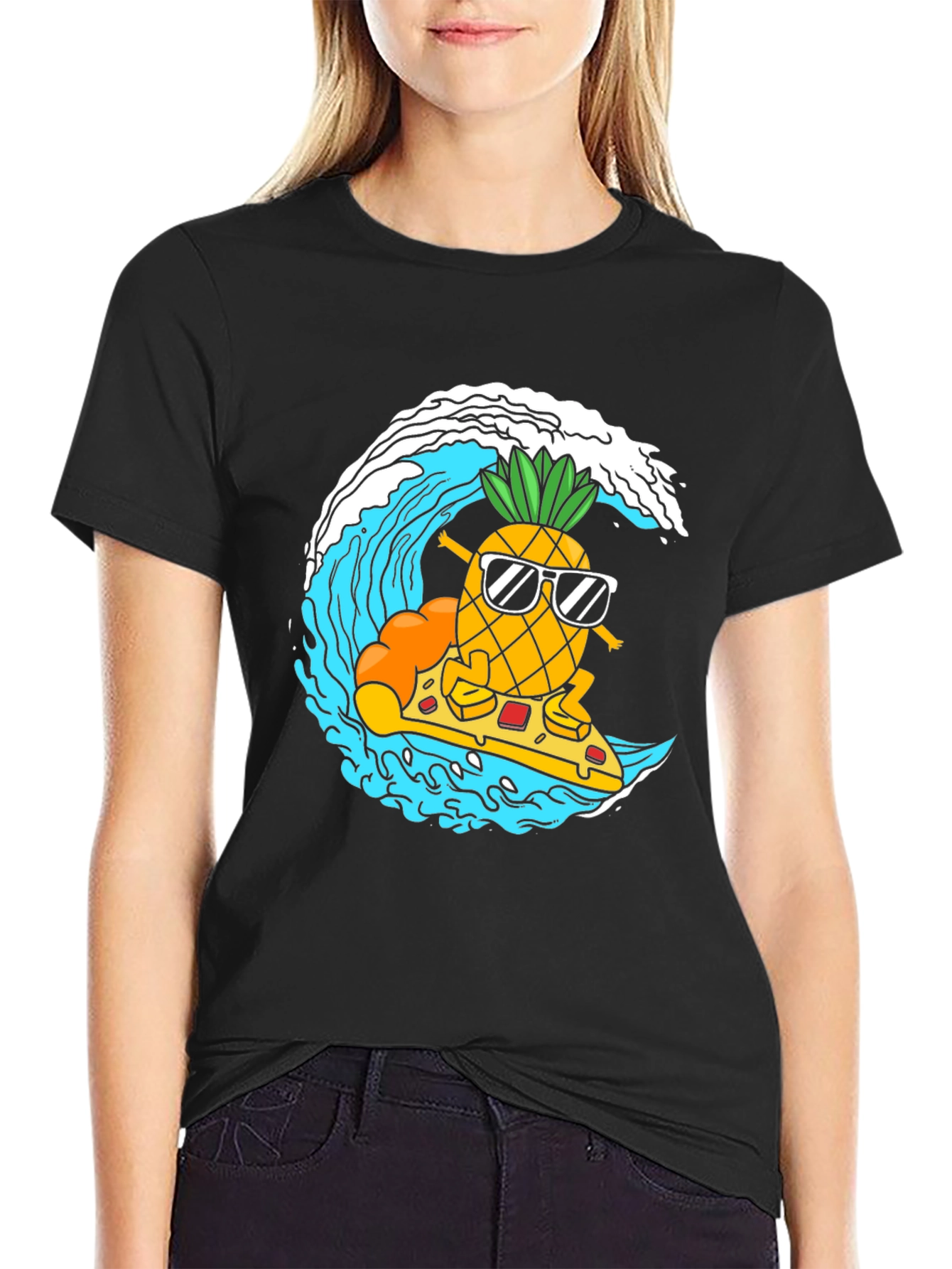 Black Surfing Pineapple Pizza T-Shirt view 2