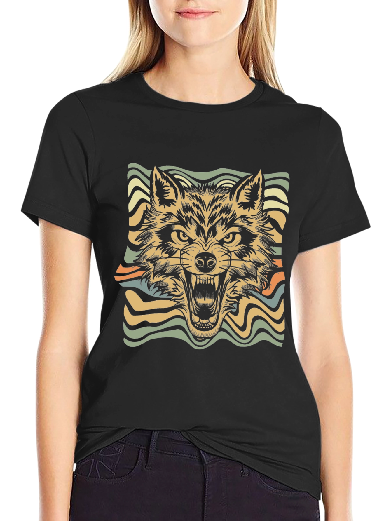 Black Retro Wolf Graphic Tee - Stylish Black T-Shirt view 2