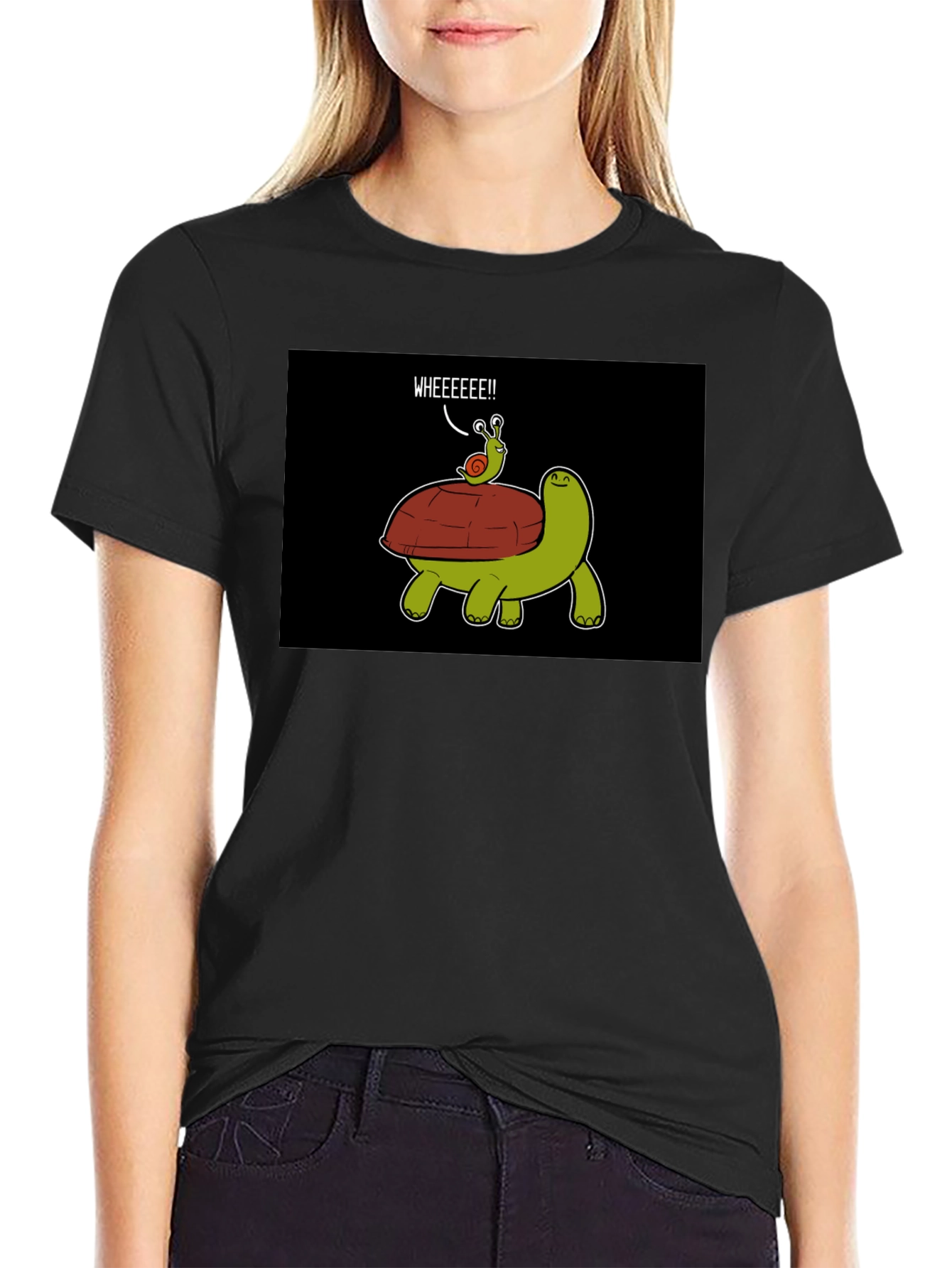 Black Funny Snail Riding Turtle T-Shirt view 2