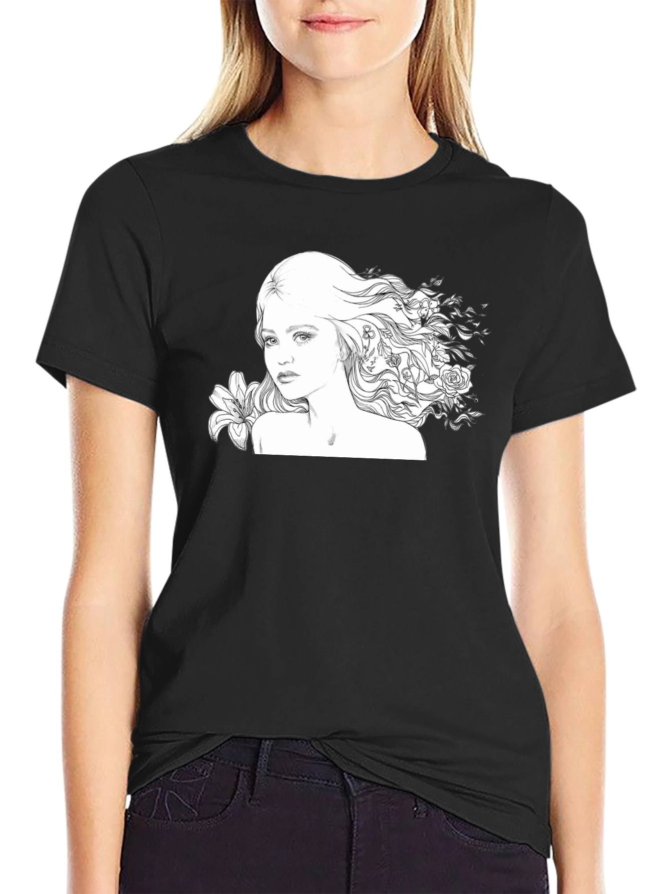 Black Floral Woman Graphic Tee - Black Cotton Blend view 2
