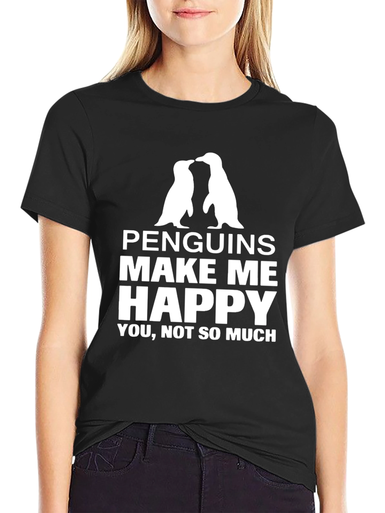 Black Penguin Lover T-Shirt: Penguins Make Me Happy Graphic Tee view 2