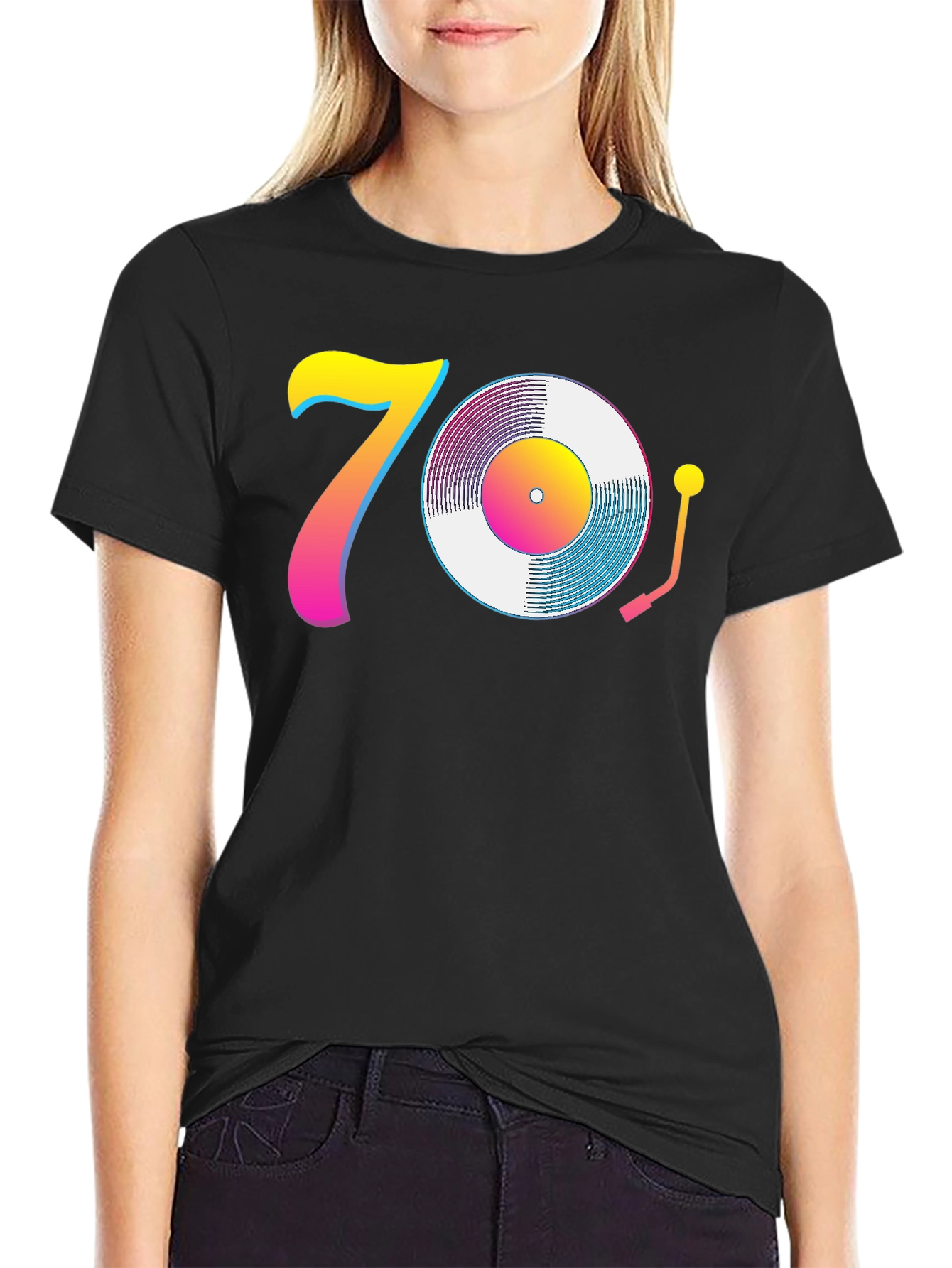 Black 70s Retro Vinyl Record T-Shirt - Black view 2