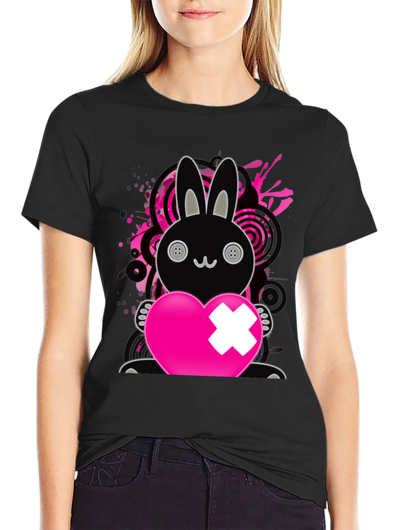 Emo Bunny Heart T-Shirt - Black - 2