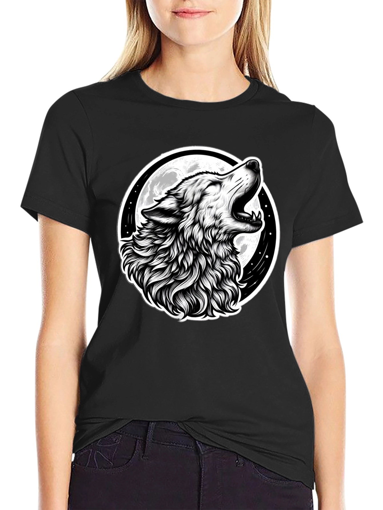 Black Wolf Moon Graphic Tee - Black Cotton T-Shirt view 2
