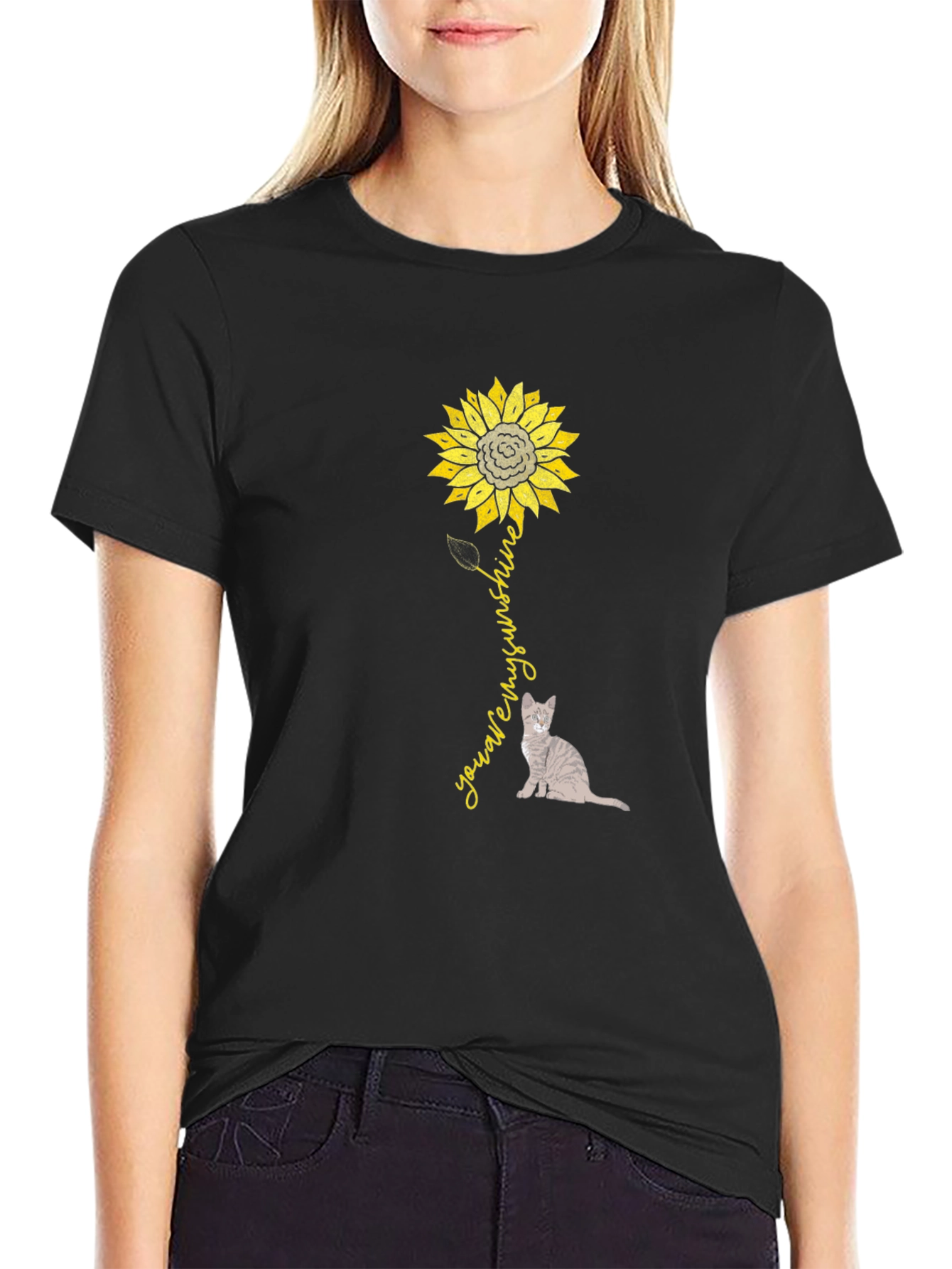 Black Sunflower Cat Graphic T-Shirt view 2