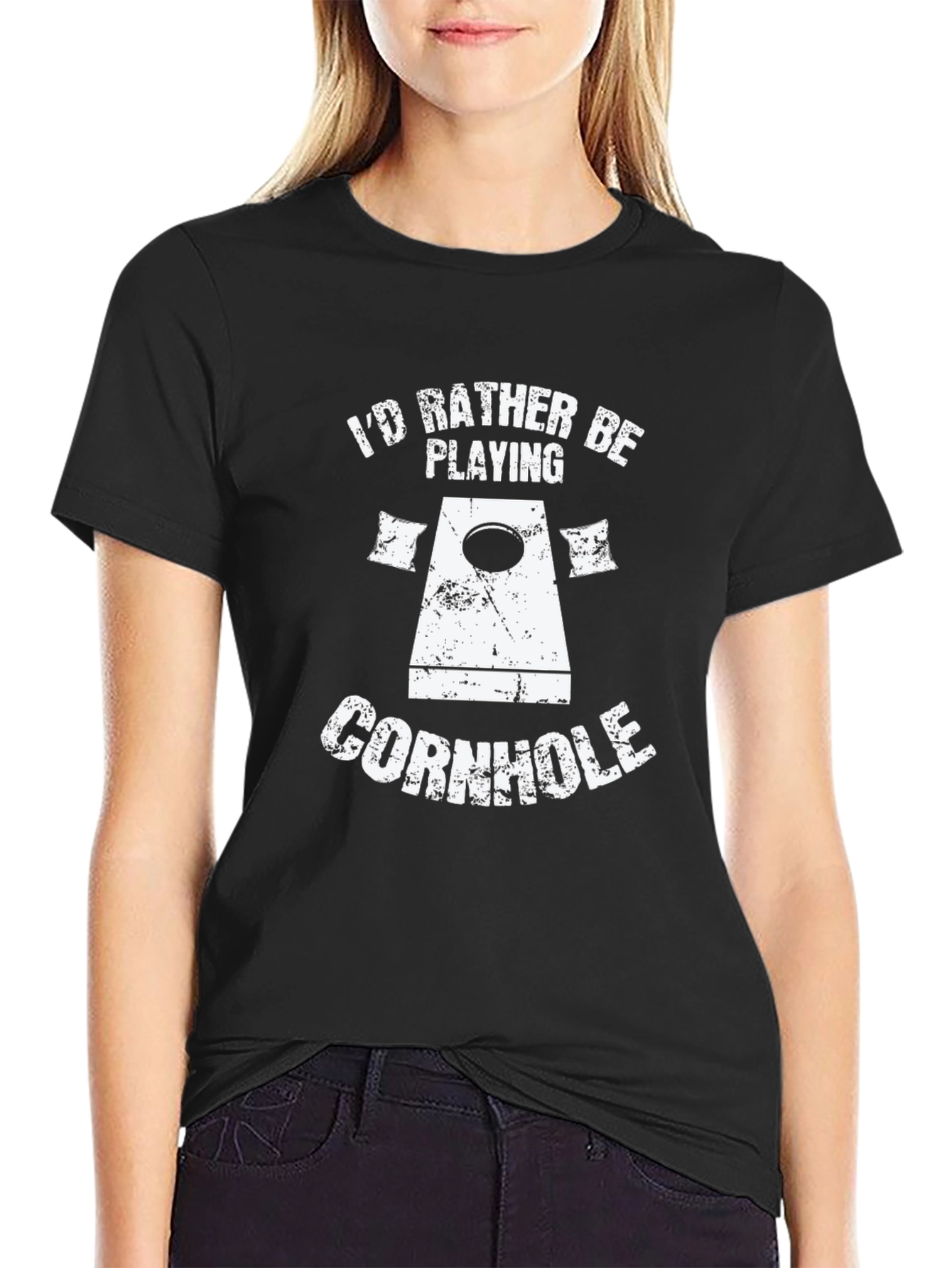 Black I'd Rather Be Playing Cornhole T-Shirt view 2