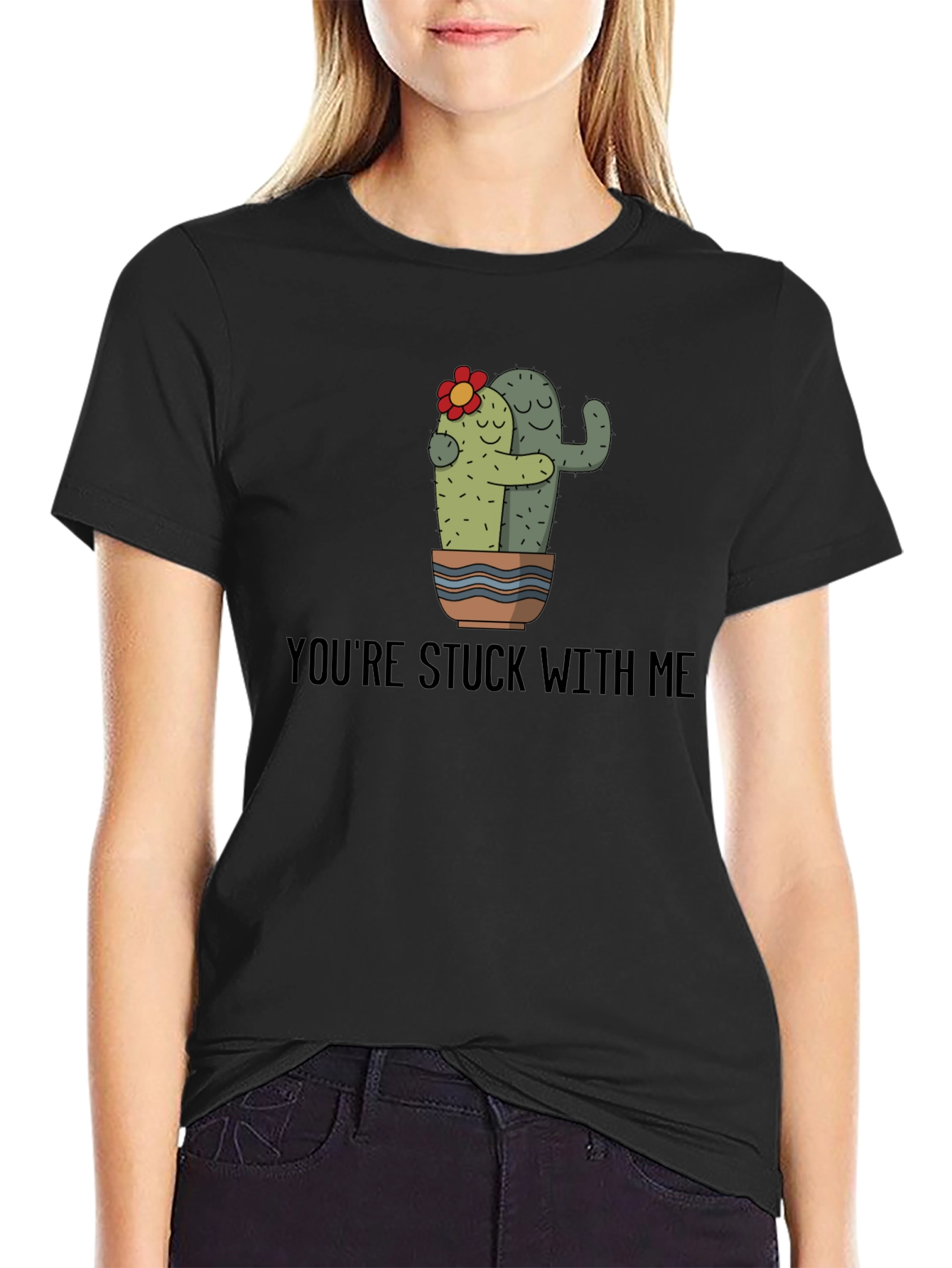 Black Cactus Hug T-Shirt - You're Stuck With Me Graphic Tee view 2