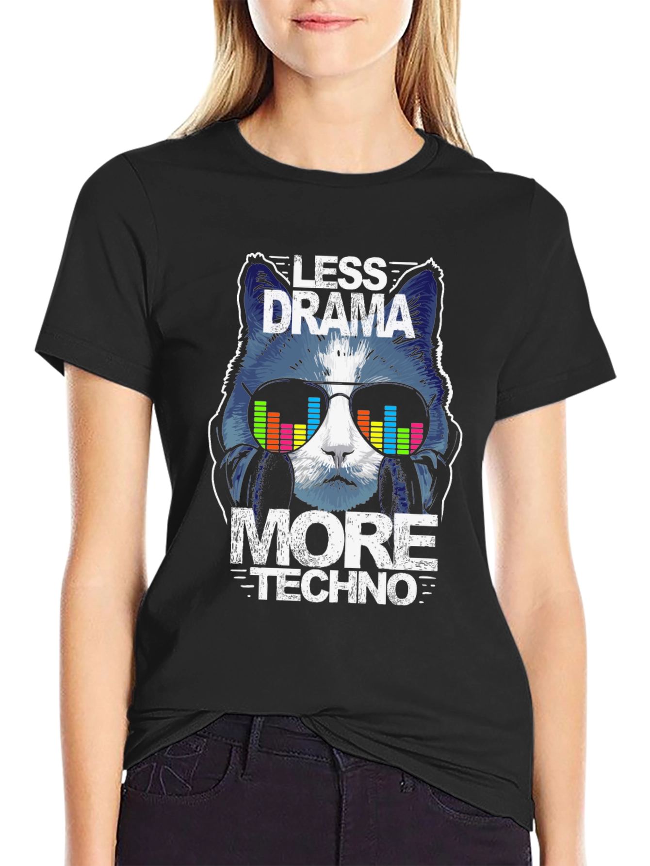 Black Less Drama More Techno Cat Graphic T-Shirt view 2