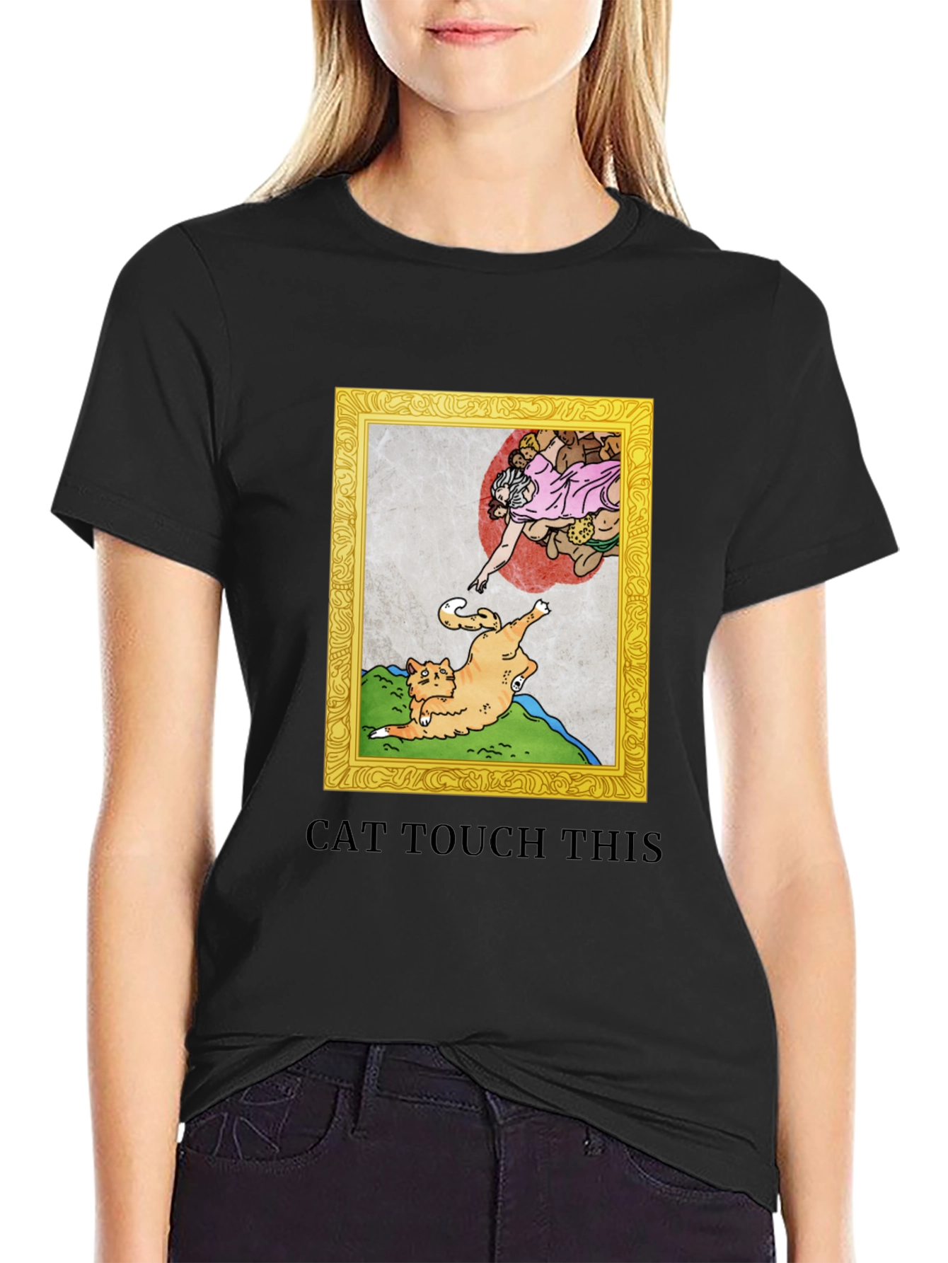 Black Cat Touch This T-Shirt Funny Michelangelo Spoof view 2