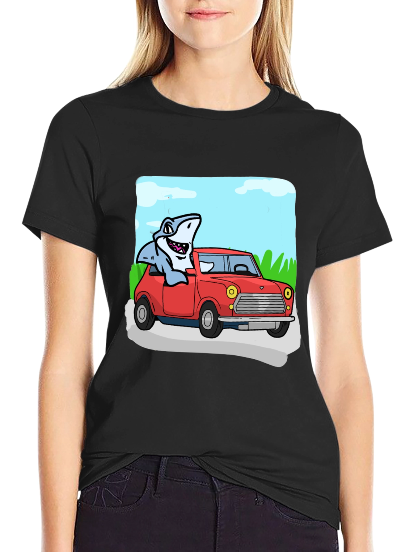 Black Shark in Car Graphic Tee - Unique Cartoon T-Shirt view 2