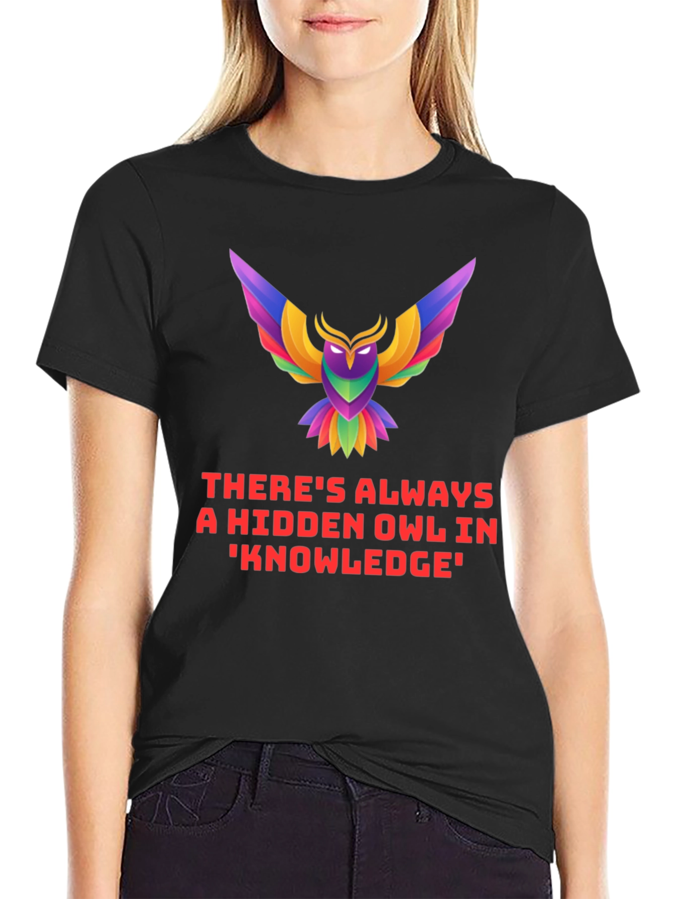 Black Hidden Owl Knowledge Tee - Unique Graphic T-Shirt view 2