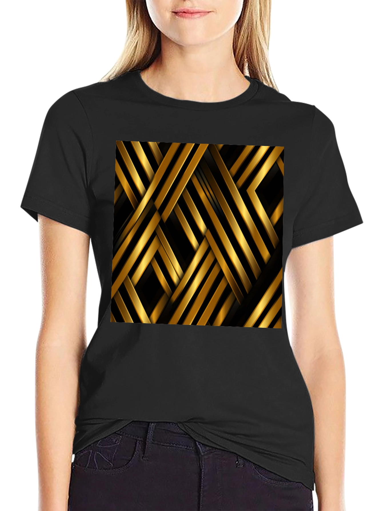 Black Geometric Gold Stripes T-Shirt view 2