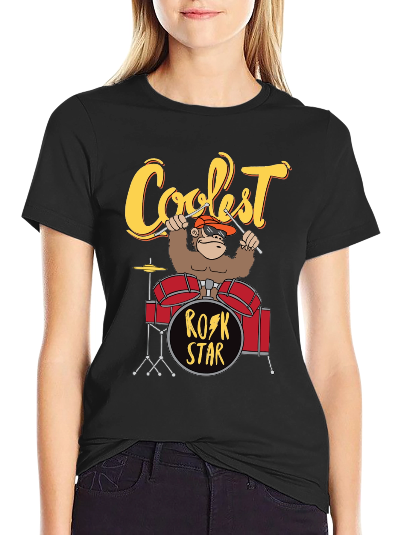 Black Coolest Rock Star Monkey Drummer T-Shirt view 2