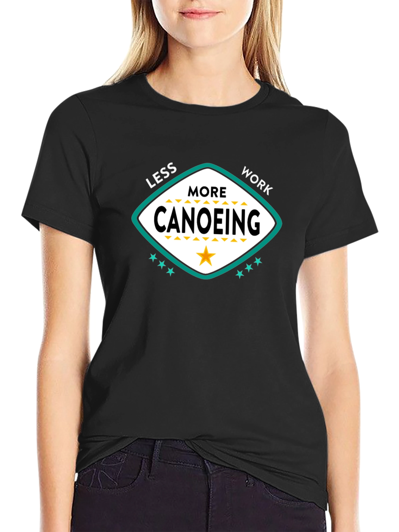 Black Less Work More Canoeing T-Shirt - Unisex view 2