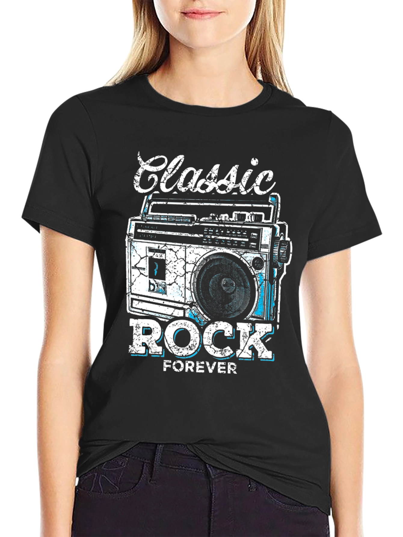 Black Classic Rock Forever Tee - Retro Boombox Graphic view 2