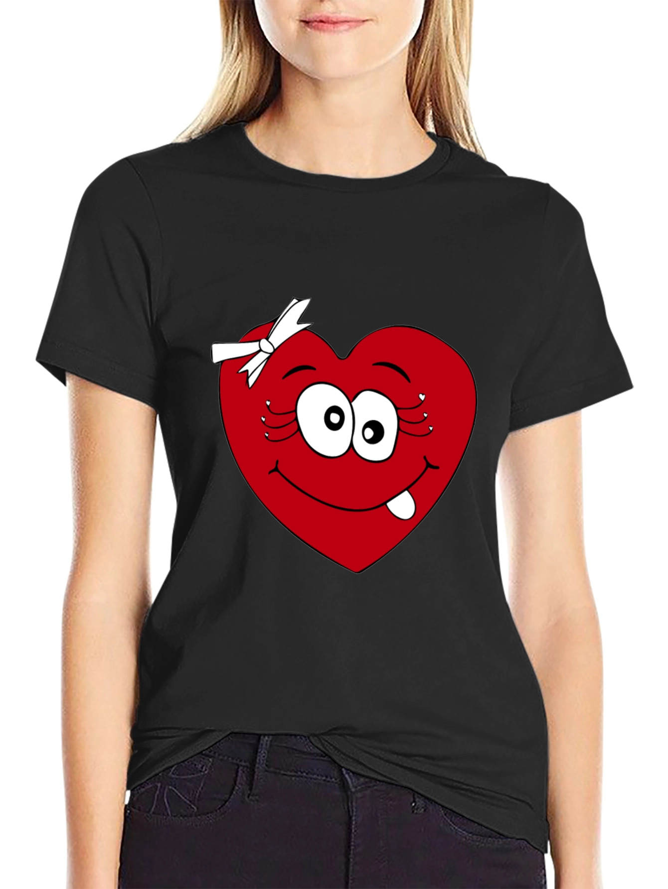 Black Funny Heart Face Black T-Shirt view 2