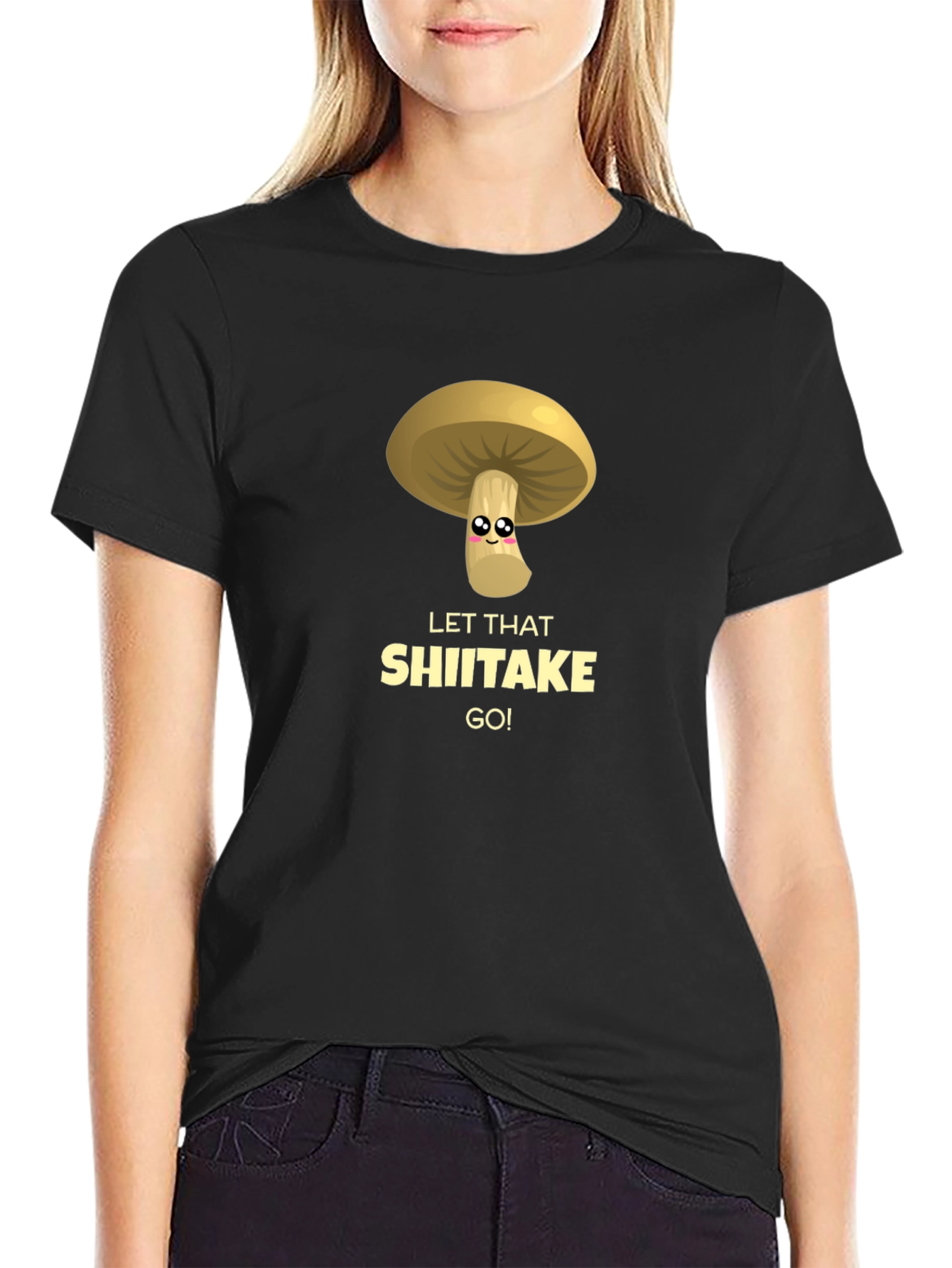 Black Funny Mushroom Shiitake Graphic T-Shirt view 2
