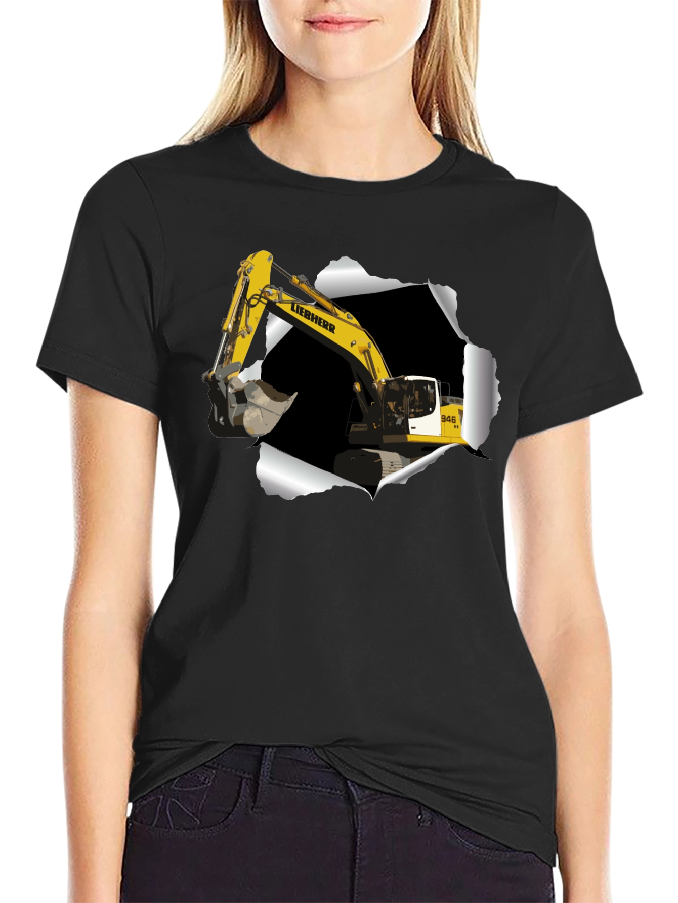 Black Excavator Ripped Tee - Construction Vehicle Graphic T-Shirt view 2