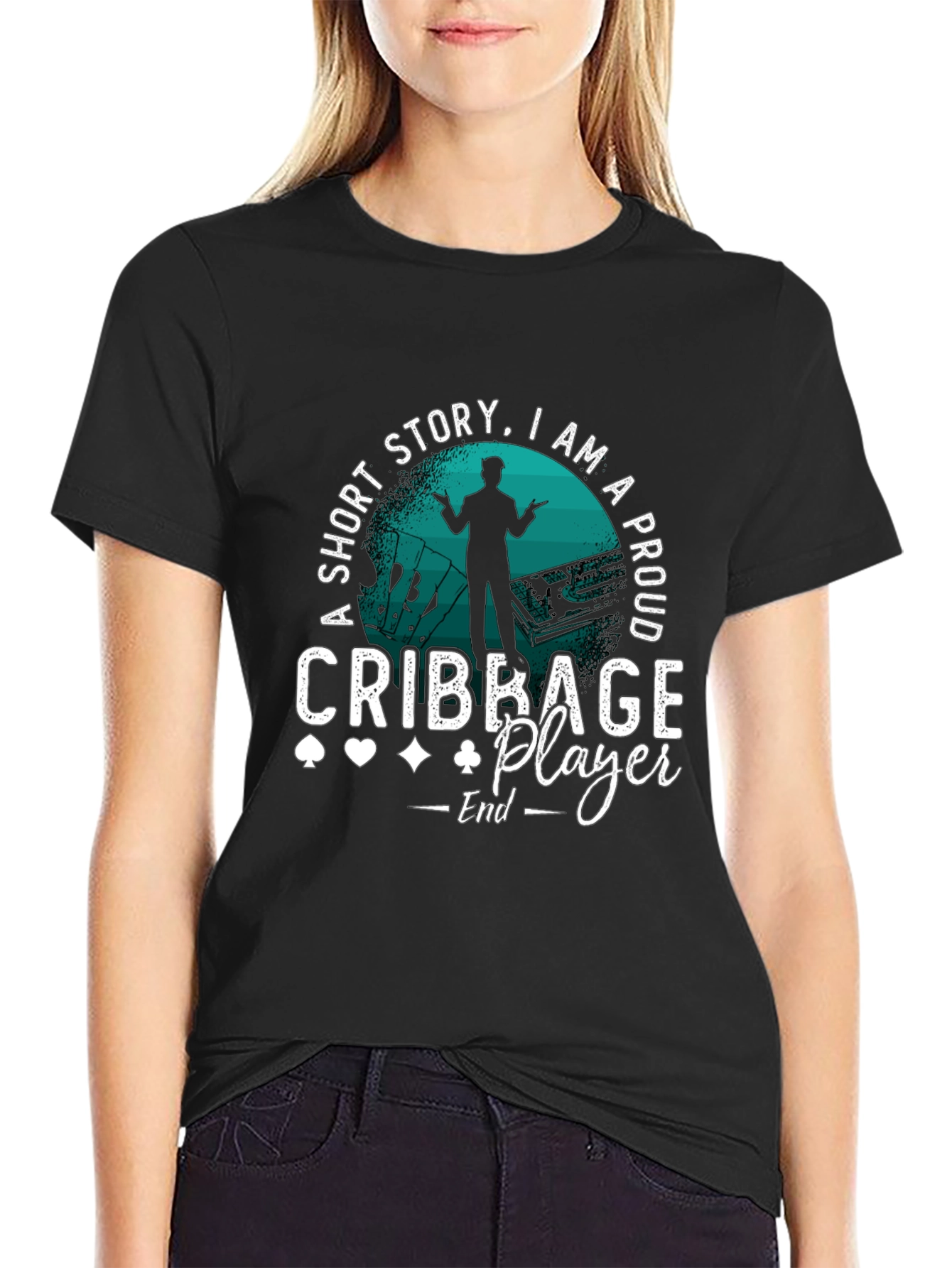 Black Cribbage Player T-Shirt: Short Story, Proud Player! view 2