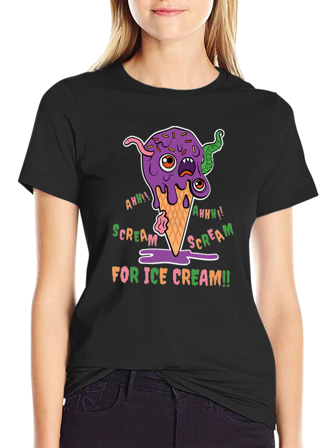 Black Scream for Ice Cream Graphic Tee - Fun Creepy Cartoon Design view 2