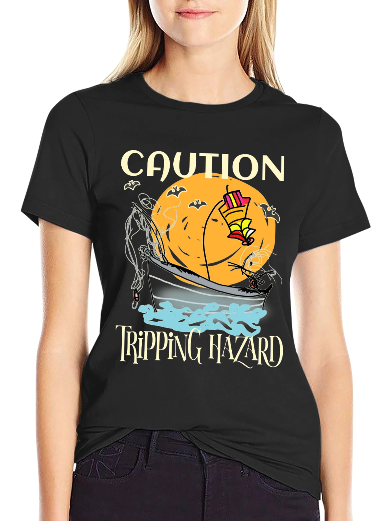 Black Caution Tripping Hazard Funny Halloween T-Shirt view 2