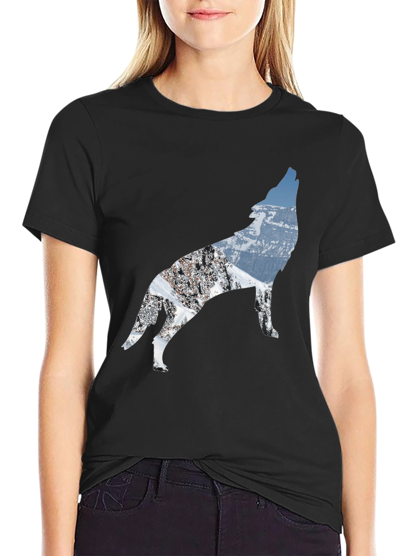 Black Wolf Mountain Scene Black T-Shirt view 2