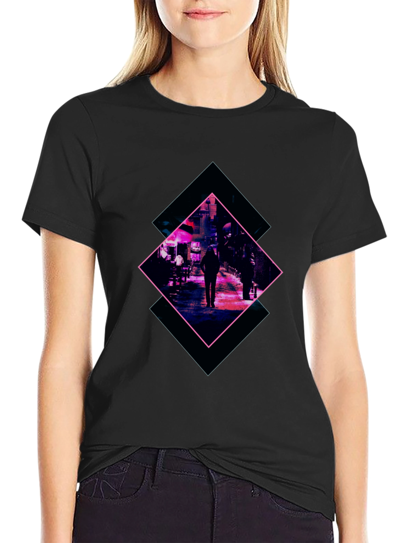 Black Cyberpunk Street Scene Graphic Tee - Black view 2
