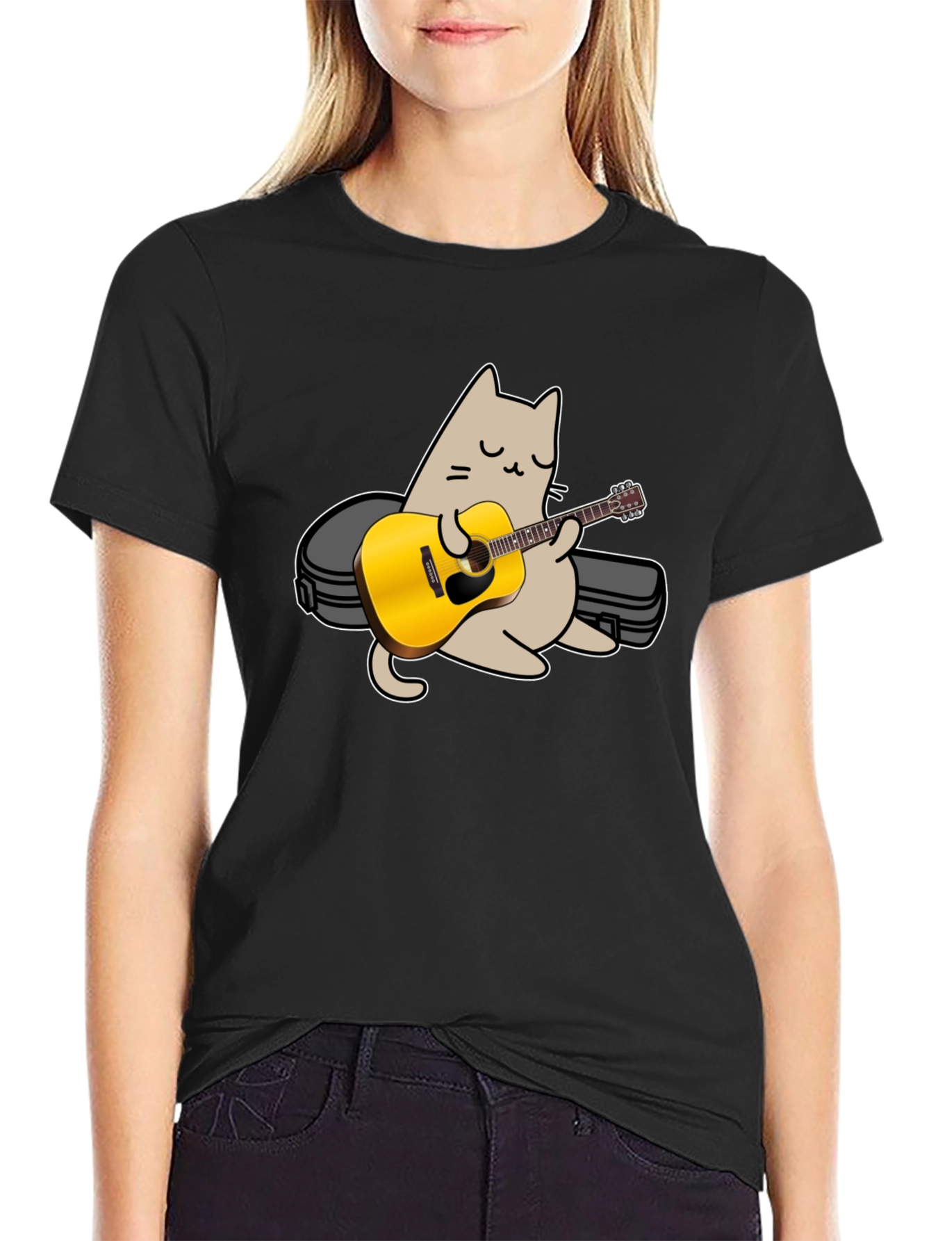 Black Cat Playing Guitar Graphic Tee - Black view 2